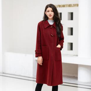 2025秋冬款双面呢羊绒羊毛大衣女中长款一字领牛角扣宽松妈妈装