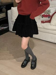 丝绒蛋糕裙女秋冬松紧腰显瘦半身裙小个子高腰纯色打底短裙下装