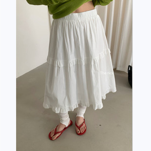 春夏女装松紧腰中长款垂坠感棉质半身裙显瘦木耳边拼接纯色下装