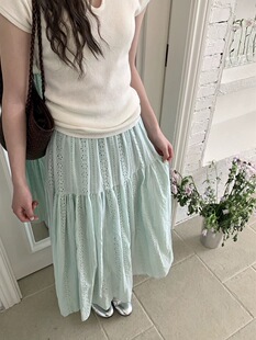春夏女装镂空半身裙松紧腰中长款垂坠感显瘦宽松纯色度假裙下装