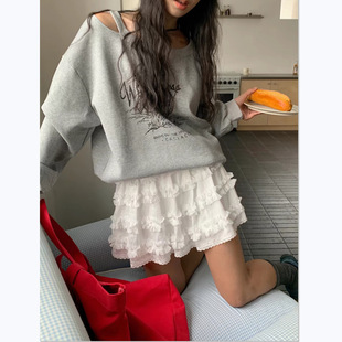 春夏女装纯色半身裙松紧腰显瘦木耳边拼接蓬蓬短裙甜美百搭下装