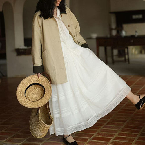 蕾丝拼接半身裙女春夏松紧腰中长款垂坠感显瘦百搭纯色下装 - 封面