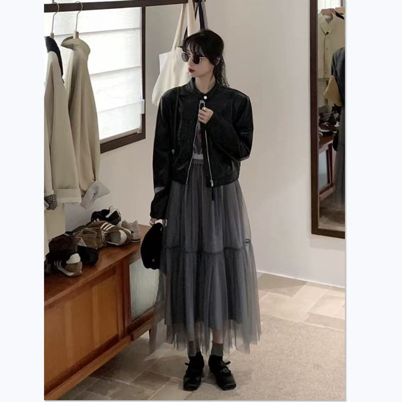 超仙网纱半身裙女春夏松紧腰中长款垂坠感显瘦拼接百褶裙纯色下装