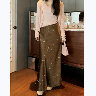 新中式复古优雅气质缎面蝴蝶提花鱼尾半身裙修身显瘦垂坠感下装