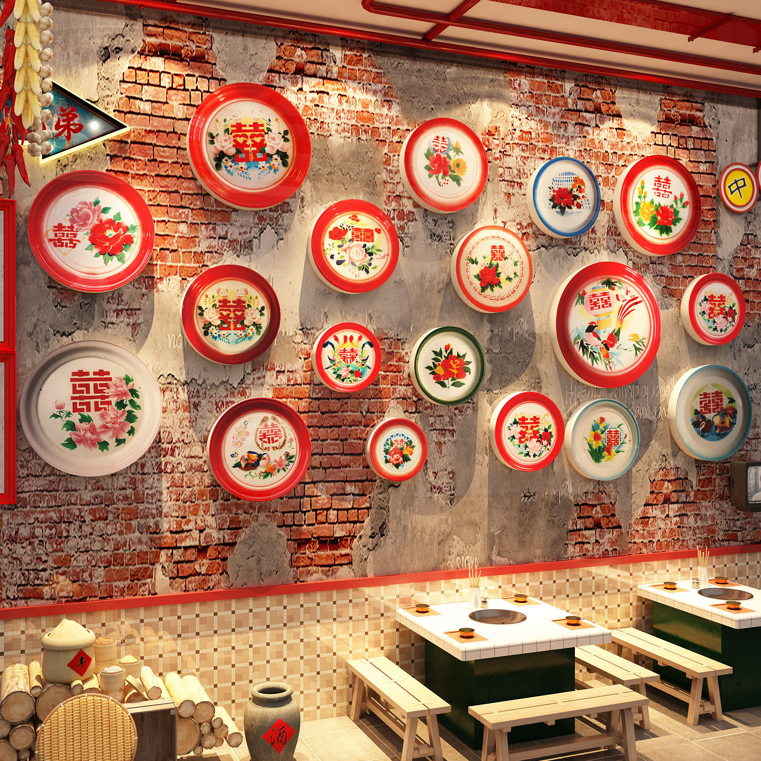 搪瓷盘东北风格墙面装饰铁锅炖店80年代怀旧老物件餐饮布置壁画贴