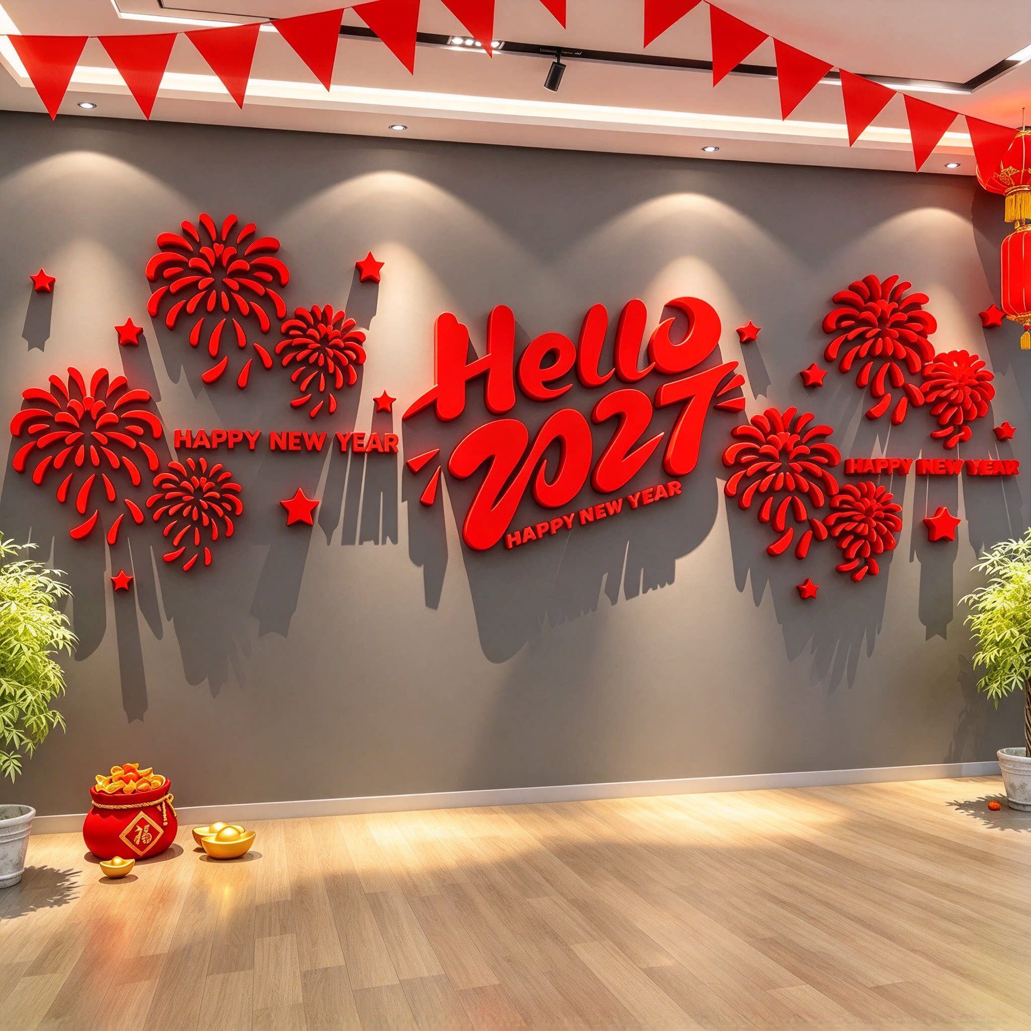 2026马前台新年快乐医院墙面装饰公司开门红酒店大堂氛围布置银行