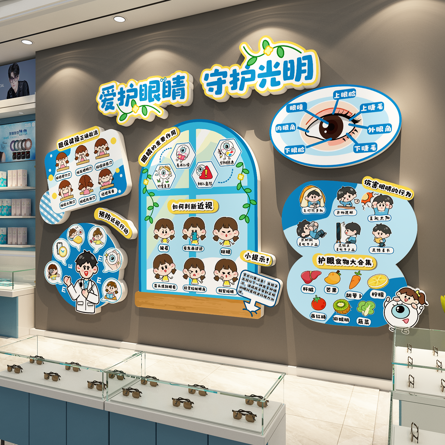 眼镜店墙面装饰视力觉验光室科普宣传画广告中心背景贴纸文化海报