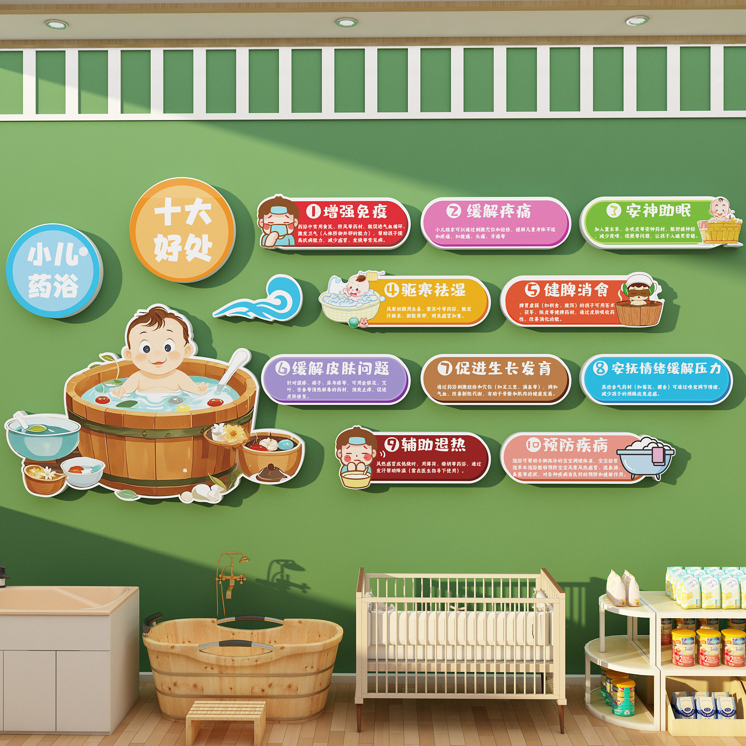 小儿药浴墙贴文化母婴室店洗澡布置推拿宣传海报背景装饰画广告牌