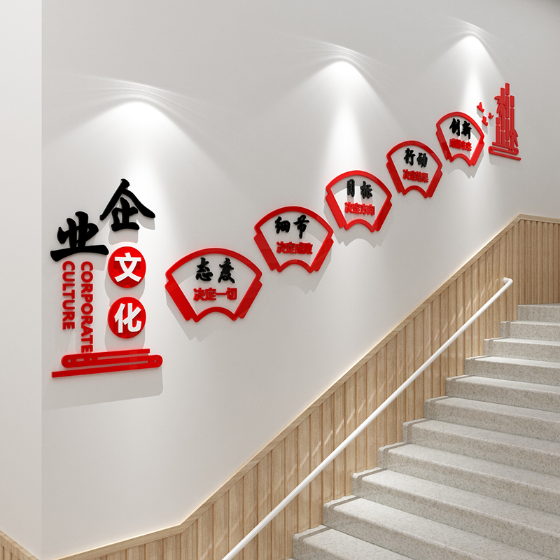 楼梯间贴台阶企业文化墙面办公室装饰进门形象志标语公司会议布置
