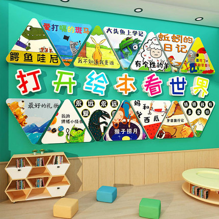 图书馆角布置阅读区幼儿园文化墙面览室环创打开绘本看世界装饰品
