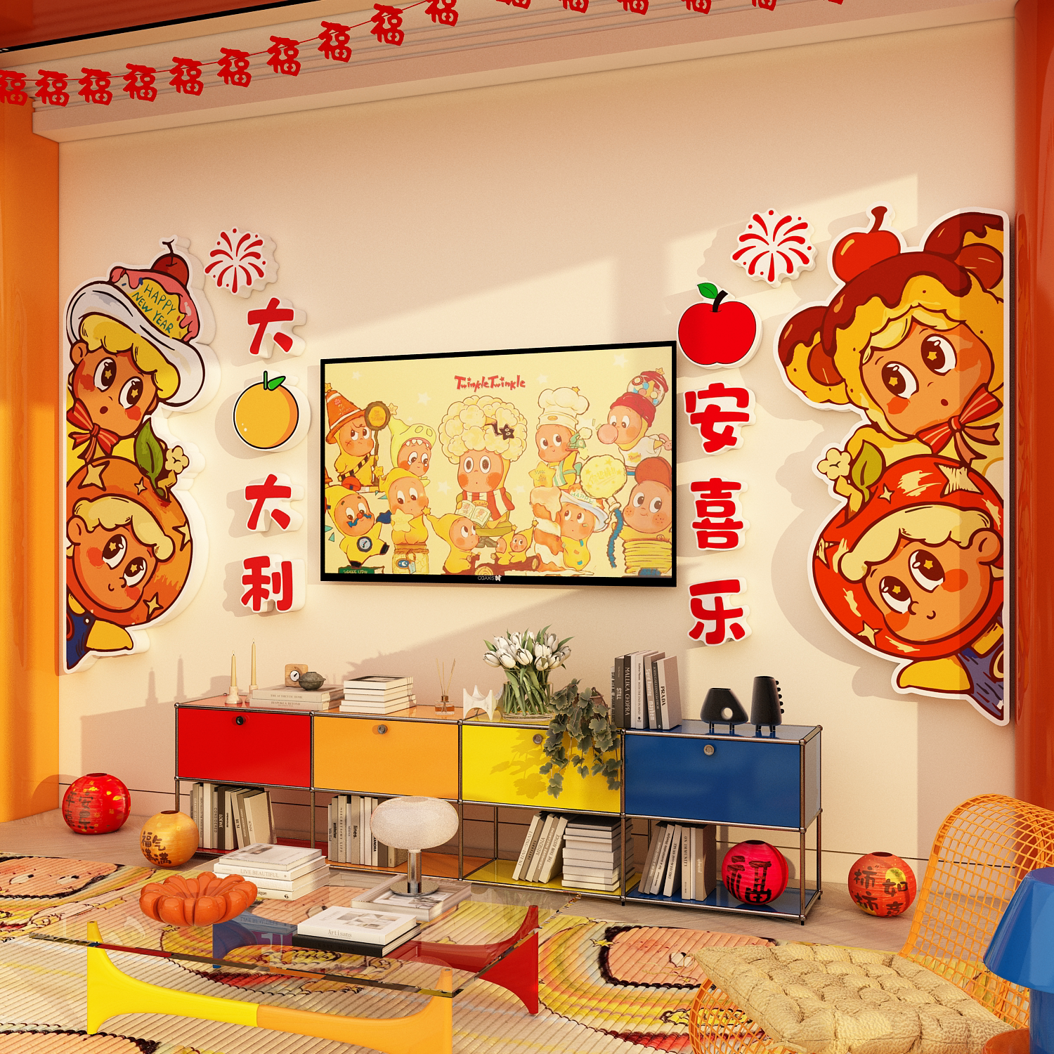 2026新年款电视机背景墙面装饰壁画贴纸改造星人环创挂件点缀布置