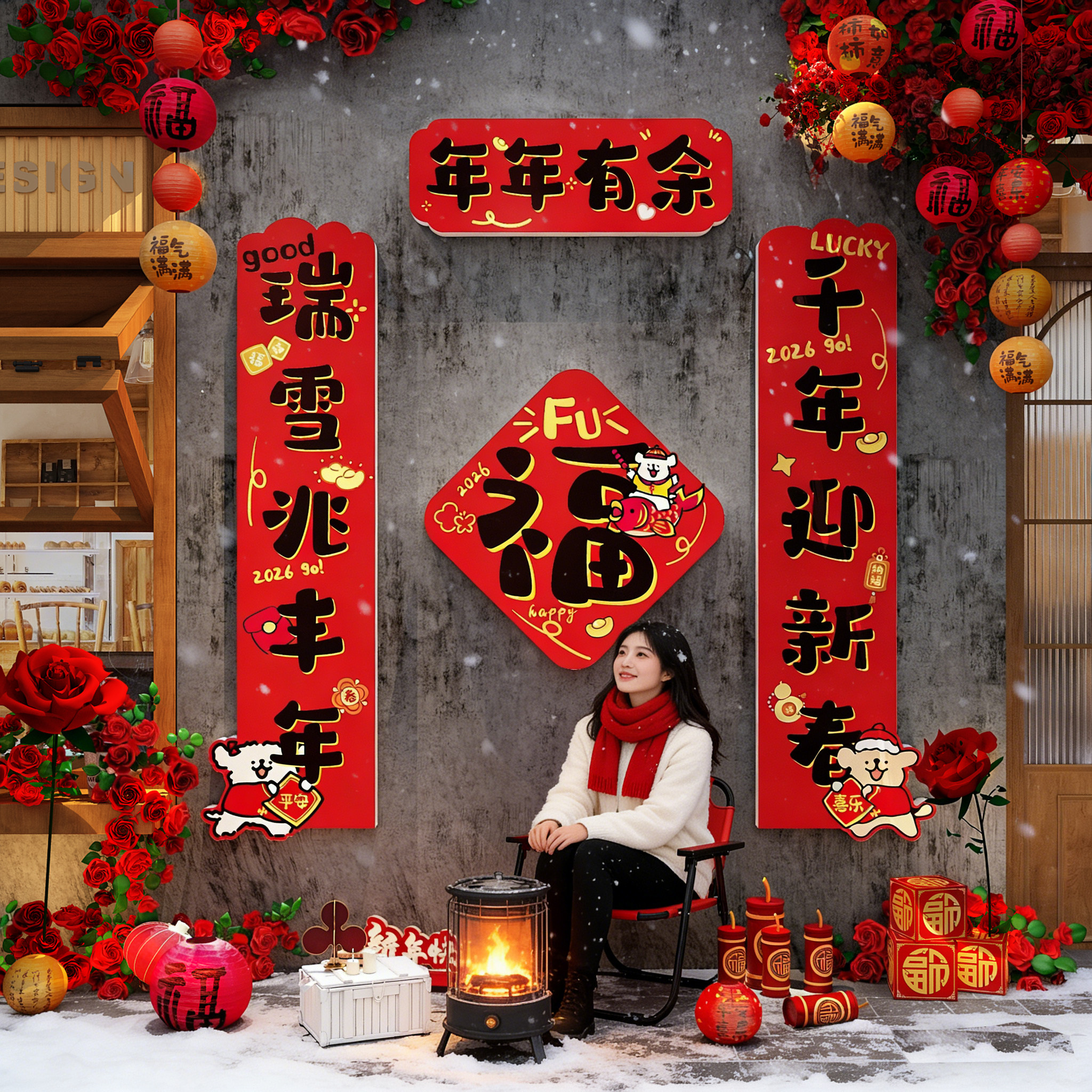 2026迎马新年装饰网红打卡小院墙面氛围布置快乐贴春节味对联造景,家居饰品,软装墙贴,淘宝优惠券,粉丝福利购,淘宝优惠卷