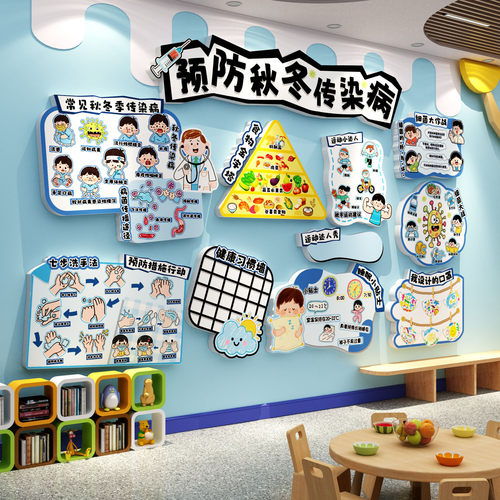 幼儿园托管机构卫生保健环创流行预防秋冬疾病疫主题文化贴墙成品