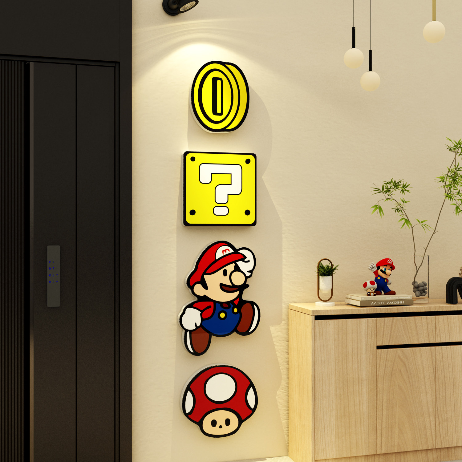 玛利欧超级玛利欧电梯厅间一入户门口玄关贴纸儿童房间布置墙面装