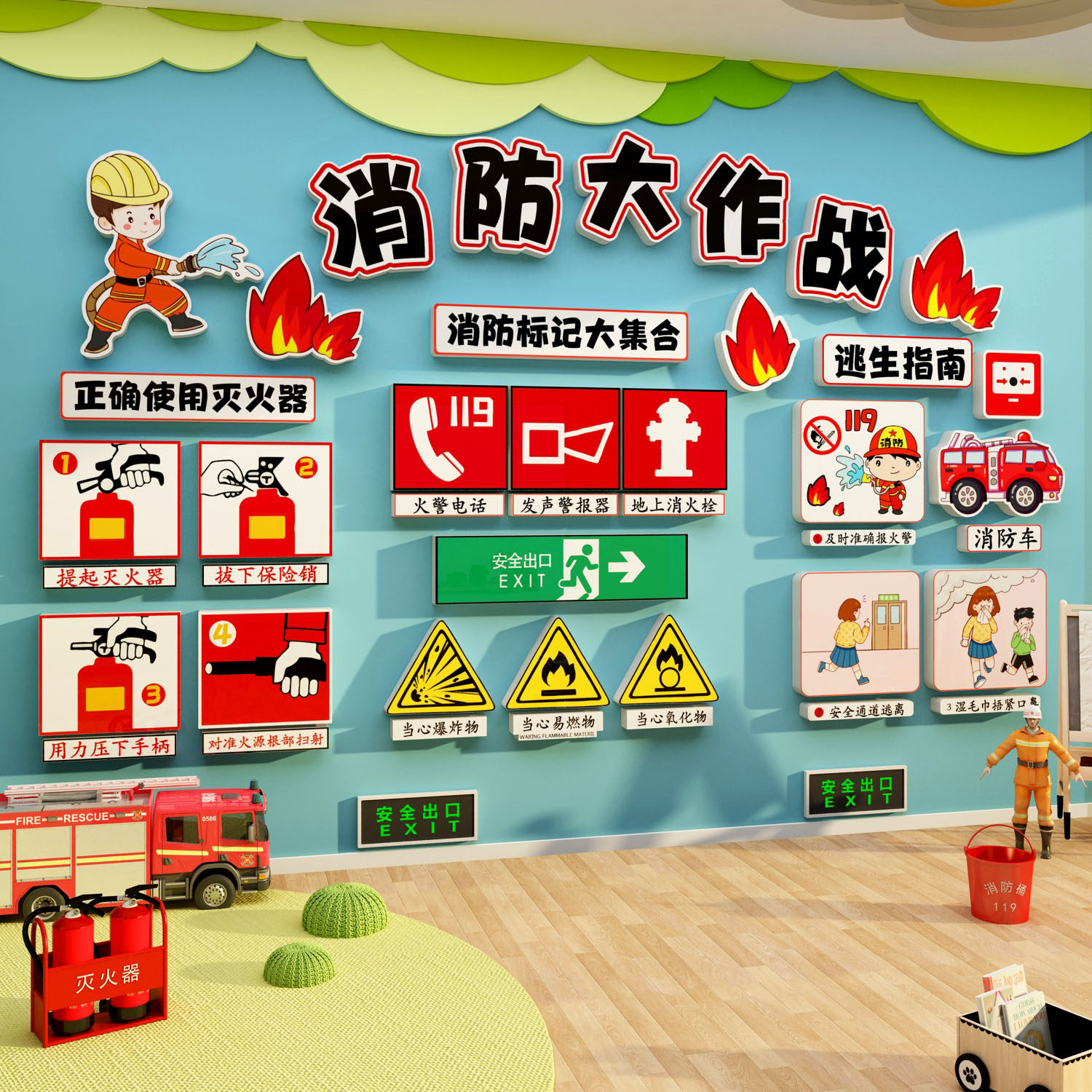 安全消防教育宣传墙贴面幼儿园环创主题成品装饰文化布置托管走廊