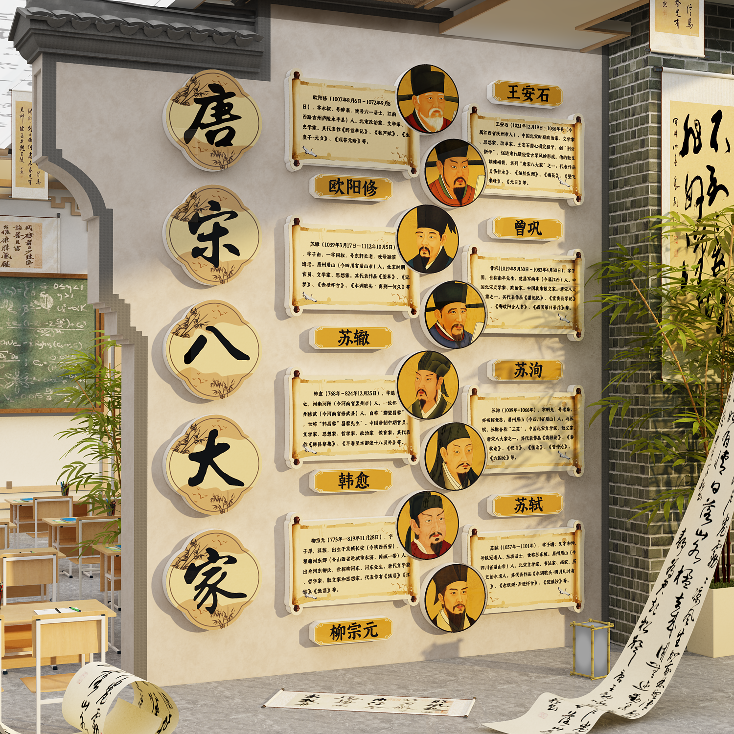 唐宋八大家教室氛围布置装饰神器班级文化墙贴面小学书香校园国风
