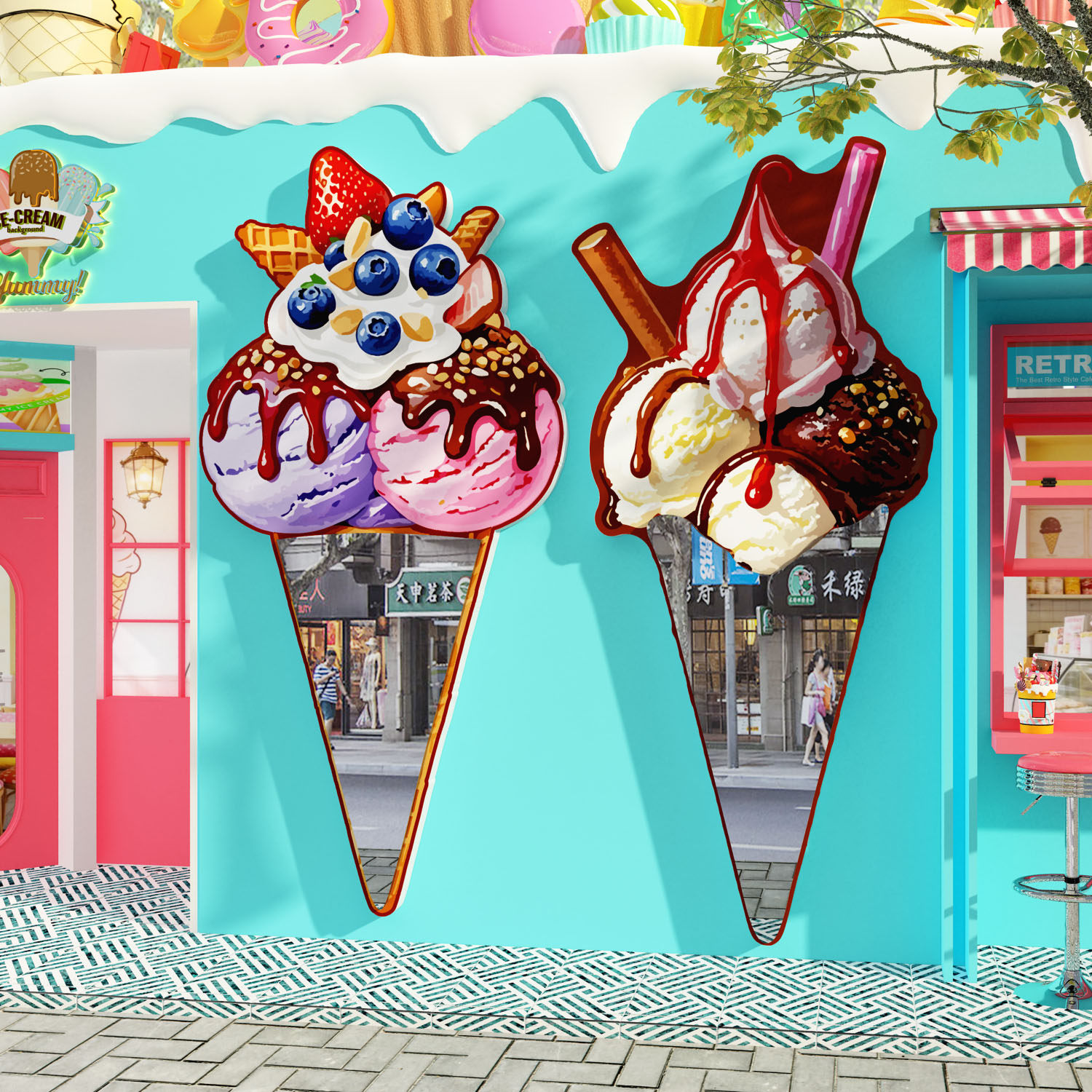 网红打卡镜子雪糕冰淇淋店墙面装饰氛围墙贴纸挂画创意广告牌海报