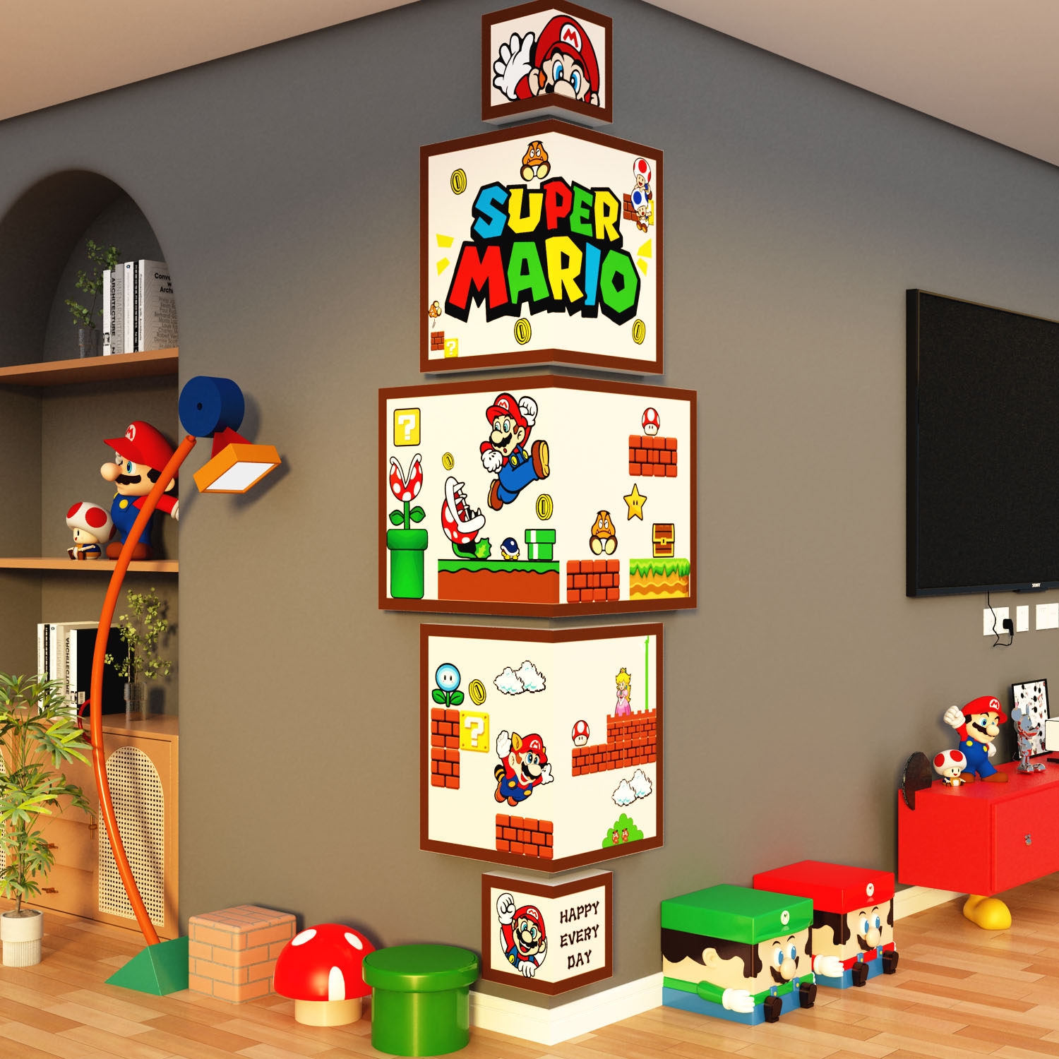 2026新款电视机背景墙面拐转角装饰挂件贴纸画超级马里奥立体创意