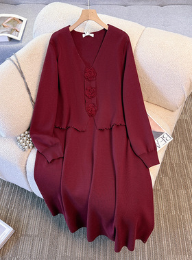 300斤特大码女装毛衣连衣裙秋冬新年红色假两件针织裙子小香风260