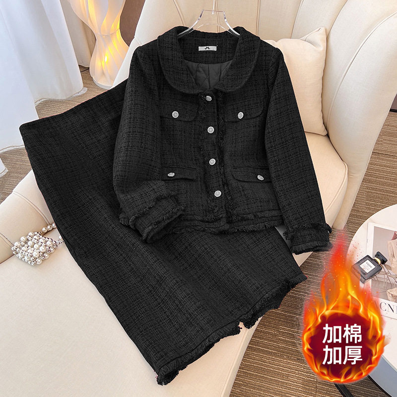 300斤大码女装胖mm冬季过年红色夹棉加厚小香风外套半身裙两件套