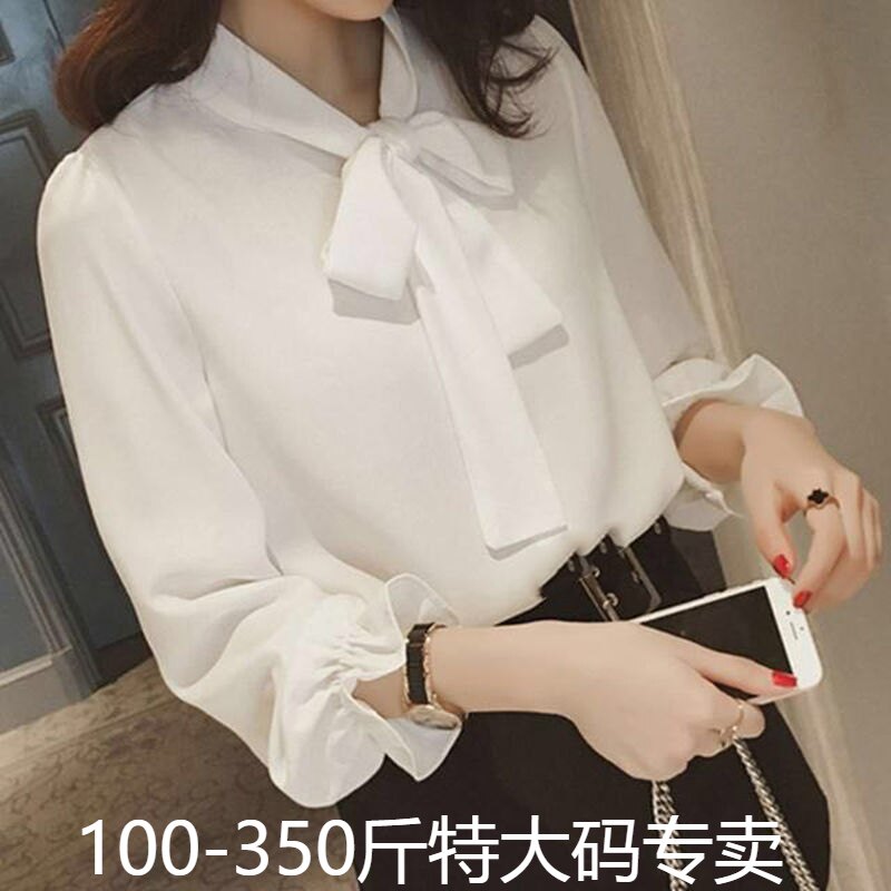 300斤大码显瘦蝴蝶结长袖雪纺衫