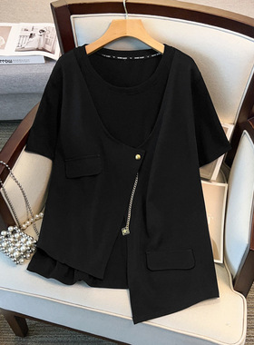 胸围150大码女装胖mm加肥大夏季新品假两件宽松显瘦短袖T恤300斤