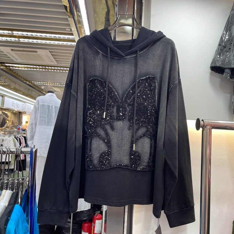 300斤大码亮片破洞连帽卫衣女