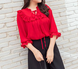 宽松遮肚雪纺衫 春夏300斤200显瘦350木耳边中袖 250 女装 定制特大码