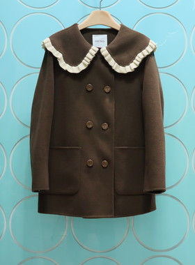 紫淑专柜正品2025冬新款木耳边拼接撞色毛呢大衣外套Z1AA24247