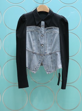 MRER莫乂义    专柜正品春季新款修身显瘦拼接牛仔上衣女R5A24163