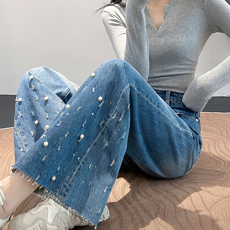 丽洁超好看垂感微喇叭牛仔裤女春秋季新款高腰显瘦时尚休闲长裤子