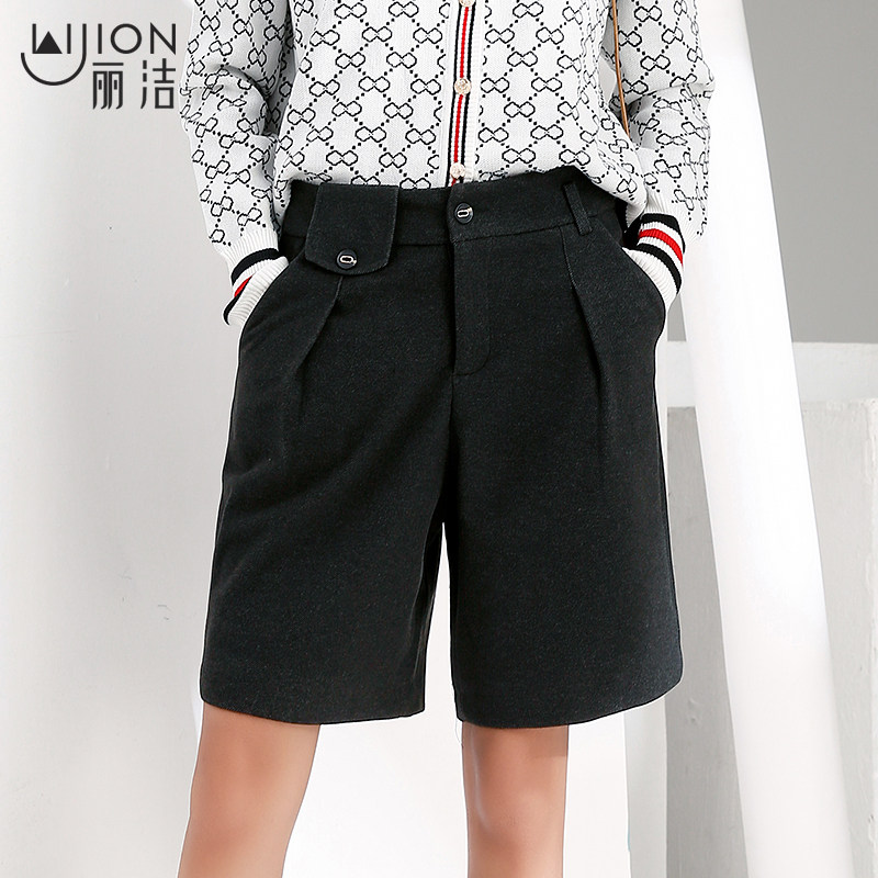 丽洁女裤秋冬新款厚毛呢短裤女外穿宽松显瘦五分裤直筒靴裤阔腿裤