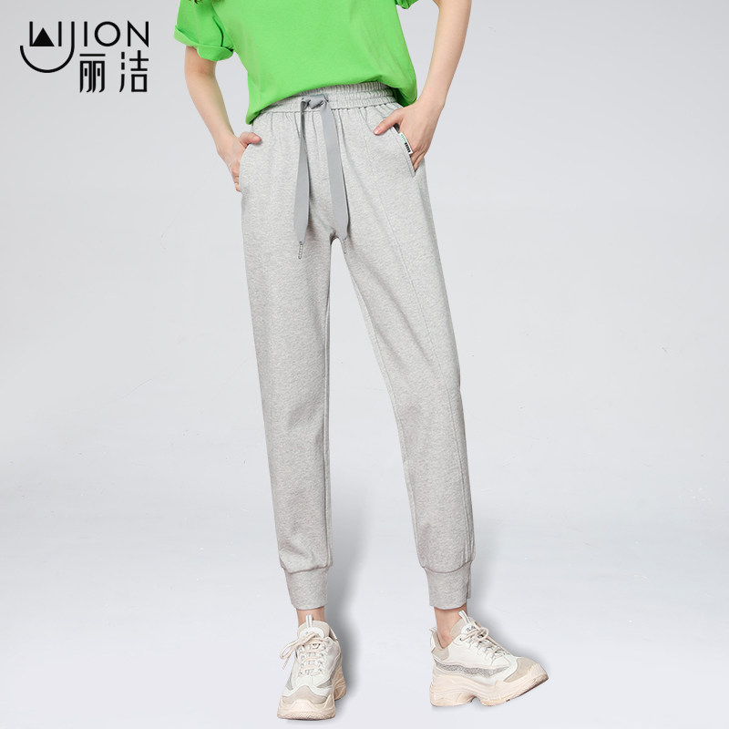 丽洁女裤年夏季卫裤女薄款高腰休闲运动裤宽松bf帅气束脚裤九分裤