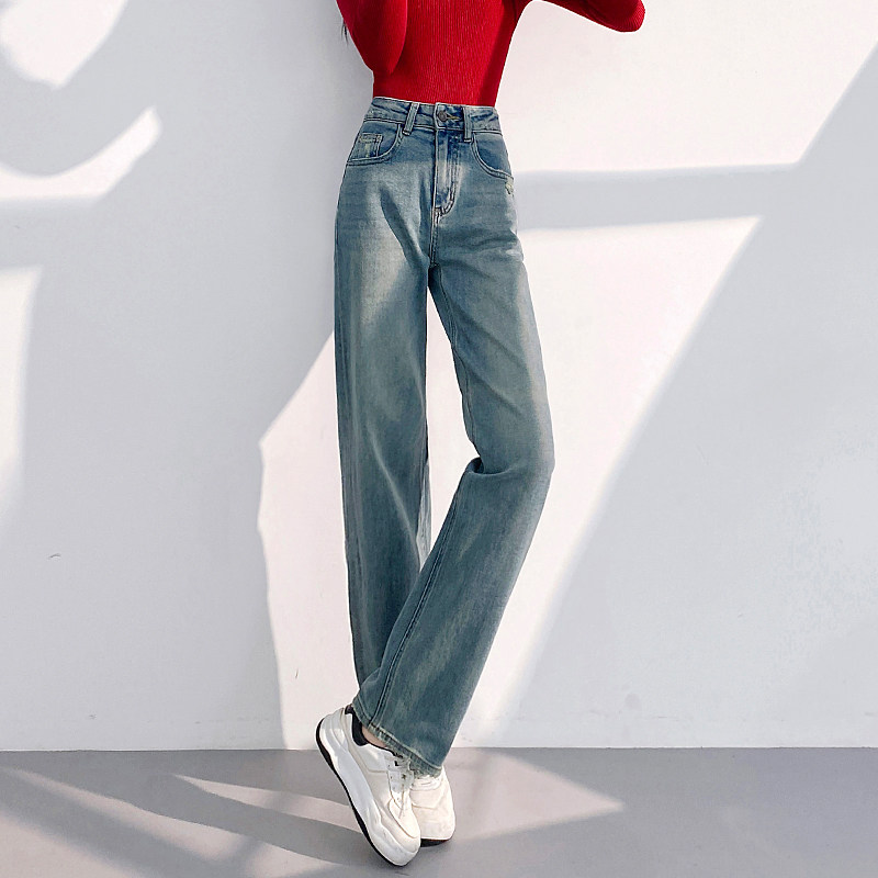 丽洁垂感直筒牛仔裤女春秋季新款美式风高腰弹力窄版阔腿长裤子