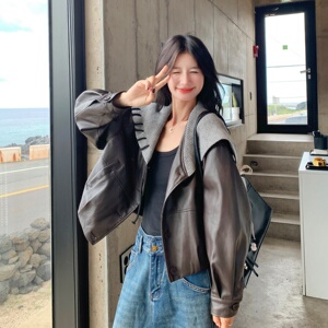美拉德撞色复古针织披肩皮衣外套女春秋2025新款小个子PU夹克超火图片