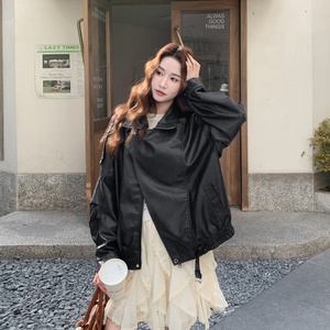 皮衣外套女秋季新款秋宽松复古休闲港风223-1389A-P175K238图片
