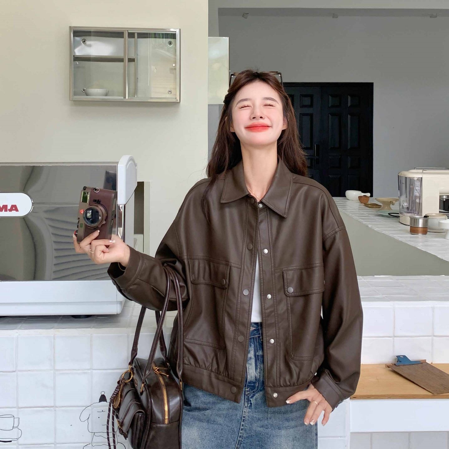 春季薄款工装风秋季短款标准皮衣复古春秋宽松ins小个子时尚休闲,女装皮衣,莘蕾