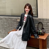 秋季轻职风做旧标准宽松型皮衣小西装外套黑色网红春秋网红短款，女装皮衣，莘蕾