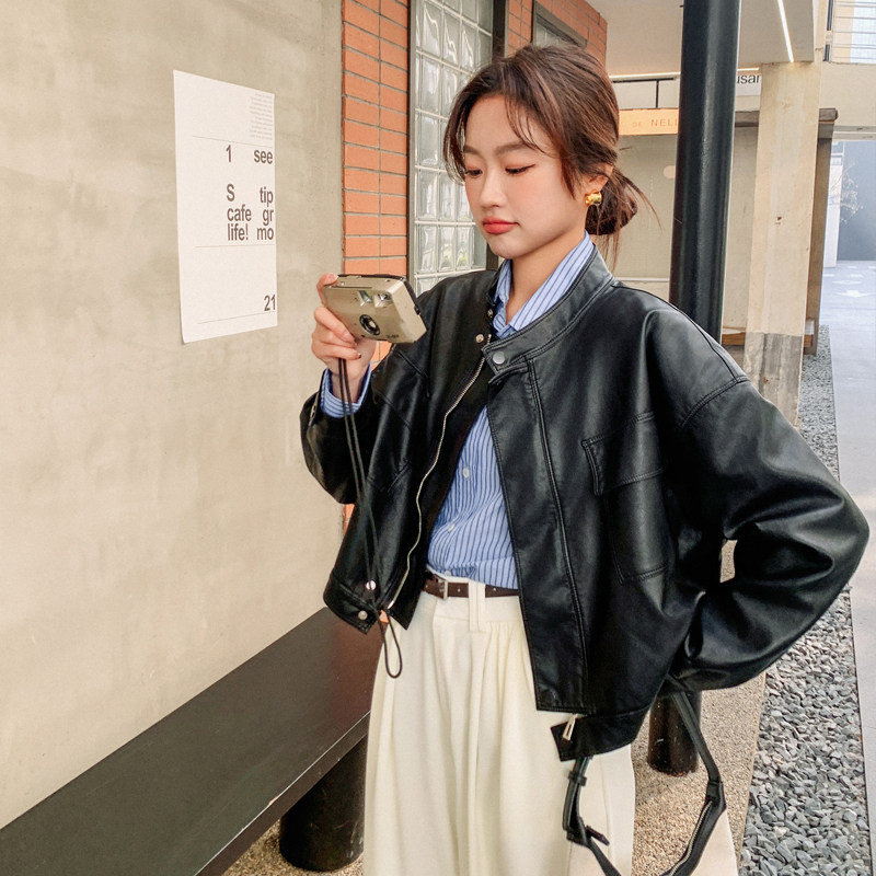 短款欧美风长袖极简风薄款皮衣黑色复古百搭女装立领春秋网红短款,女装皮衣,莘蕾