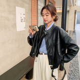 短款欧美风长袖极简风薄款皮衣黑色复古百搭女装立领春秋网红短款，女装皮衣，莘蕾