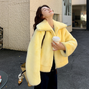 黄色气质海军领仿皮毛一体毛毛外套女秋冬季新款韩系小个子短款图片