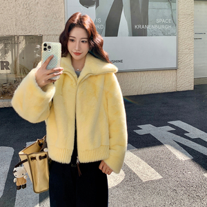 黄色气质海军领仿皮毛一体毛毛外套女秋冬季新款韩系小个子短款图片