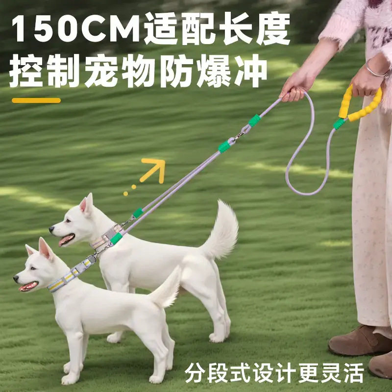 一拖二牵引绳防缠绕狗狗牵引绳遛狗绳子两只狗双狗链子双头牵狗绳