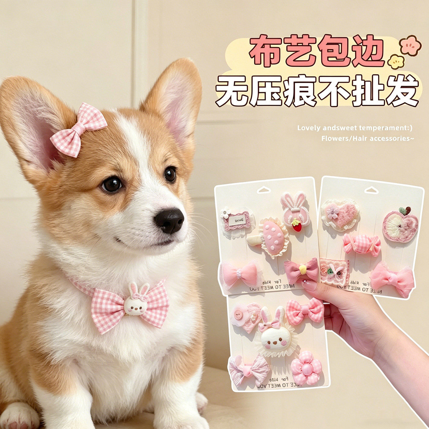 可爱宠物发夹汗毛夹布偶猫咪蝴蝶结卡通头饰布艺包边无压痕不扯毛