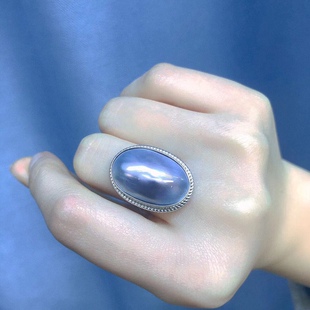 《海天蓝》经典椭圆马贝纯银戒指,印尼马贝麻花款