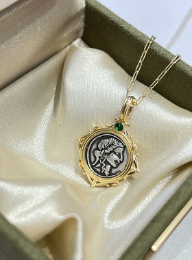 爱神维纳斯古币S925银人像浮雕双面拼色万能扣吊坠复古宫廷项链坠
