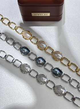 棋“方”对手长方形海水马贝S925银三色手链厚银质感设计小众蓝白