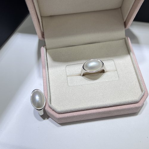 素胚勾玉海水马贝珍珠椭圆微纹S925银开口戒指9*15mm简约高级质感