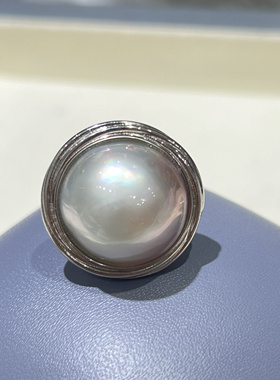 宇宙银河系列S925镶嵌澳白冷灰色海水马贝珍珠戒指厚银17-18m大气