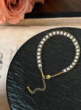 藤蔓编织设计款珍珠手链3-4mm正圆基本无暇进口金丝绳复古高级女